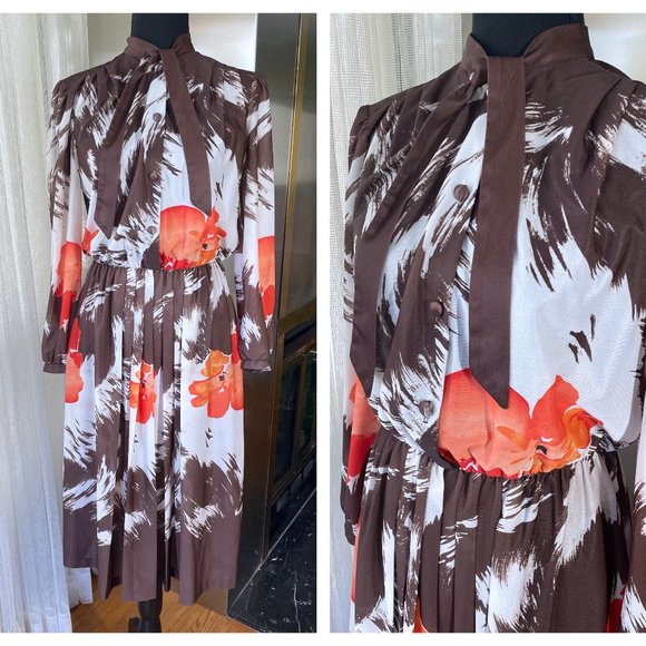 Vintage 70s shirtdress, long sleeves , brown floral, elastic waist, size medium - Picture 1 of 9
